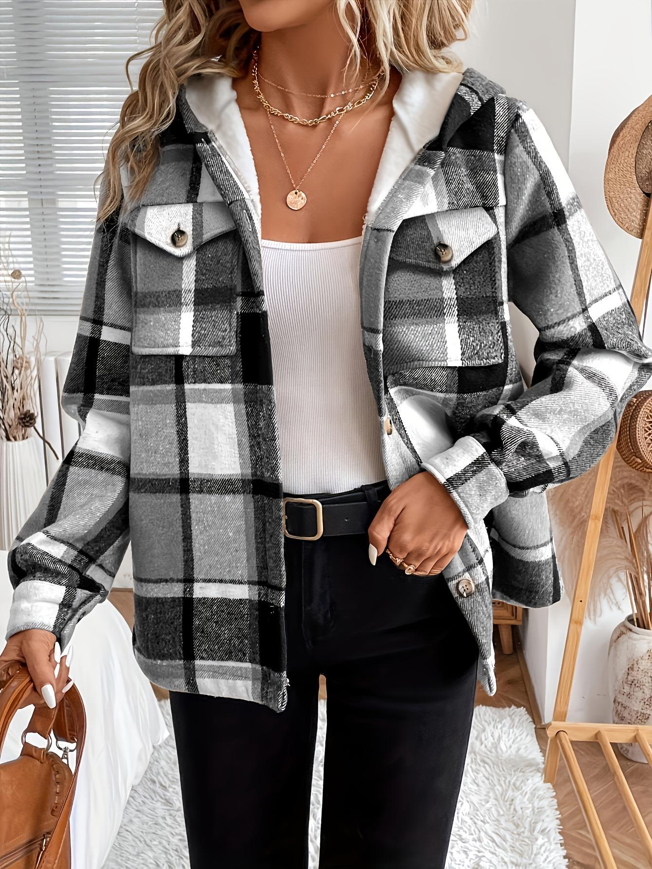 Women's Casual Plaid Hooded Jacket with Fleece Lining Woven Shirt  All-Season Warmth Lightweight Outerwear Coats Fashionable Winter Jacket