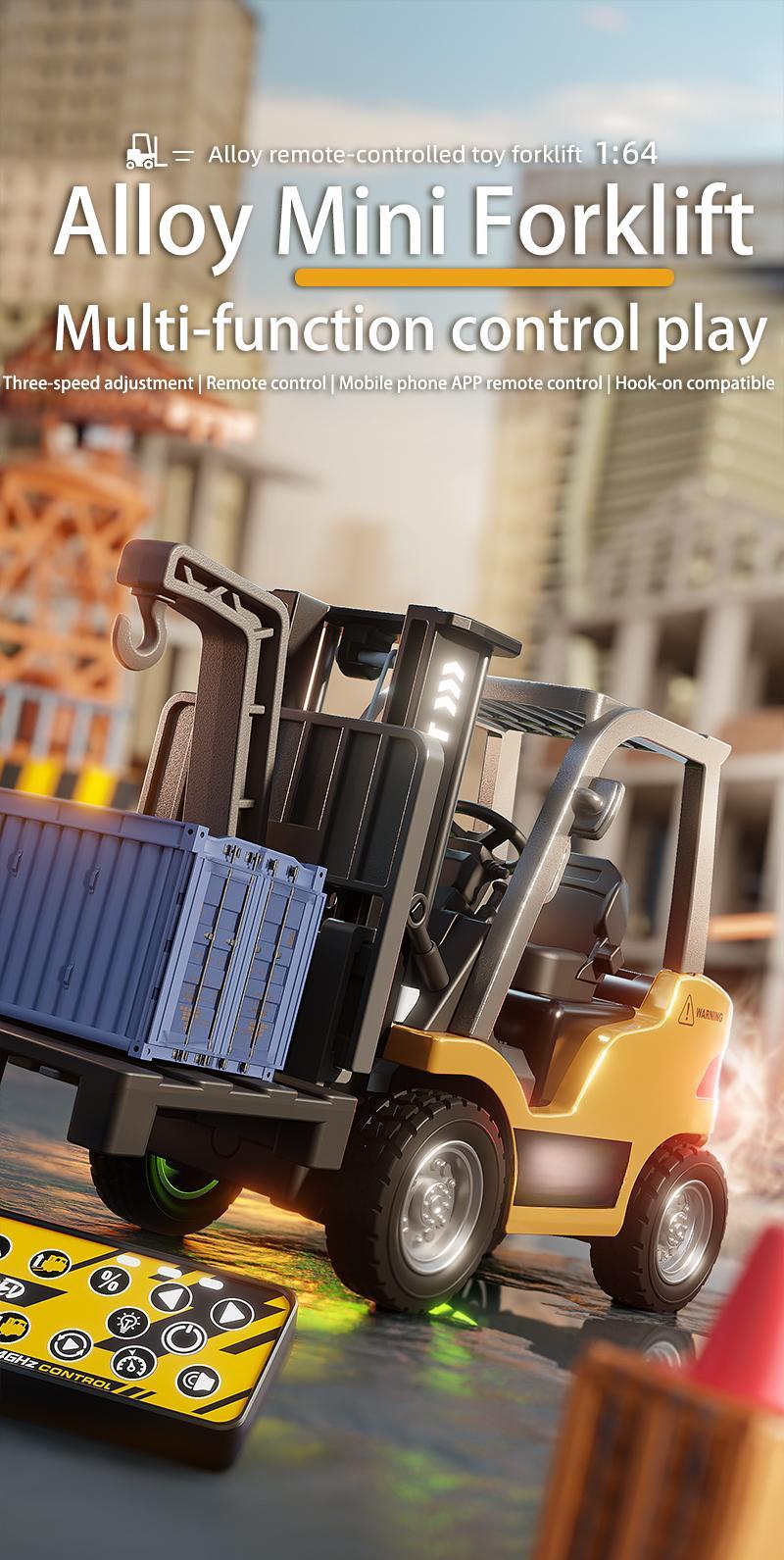 1/64 Mini RC Forklift, Remote Control Excavator, 11 Channel 2 Mode 2.4Ghz Remote Control Alloy Construction Vehicles Set with USB-C Rechargeable, 2 in 1 Transformable Lift Fork & Hook, Birthday Christmas Gift for Kids Adults Boys and Girls