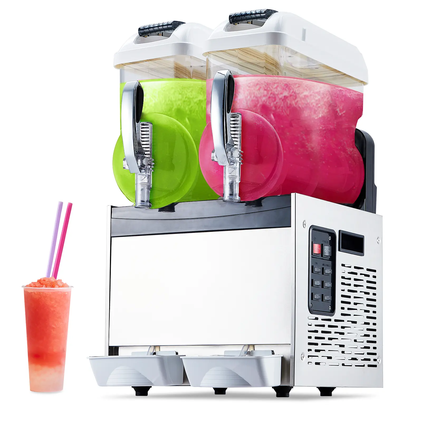 24L Stainless Frozen Drink Equipment in White Tone, Self-Cleaning Slush & Margarita Maker, High Capacity Smoothie Dispenser Fit for Cafés, Restaurants and Family Use