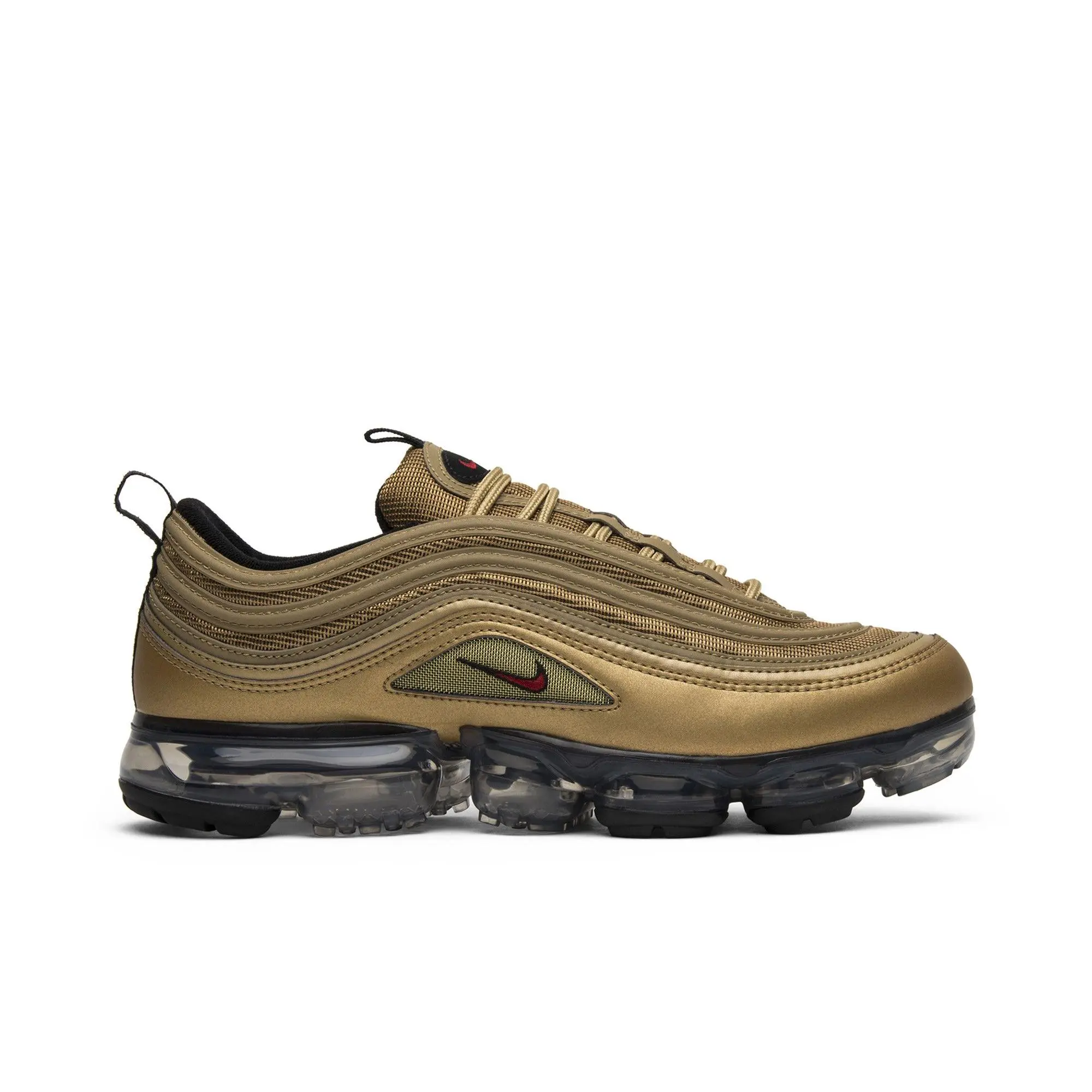 Nike Air Vapormax 97 'Metallic Gold' Unisex Retro Running Shoes, Metallic Gold-Varsity Red-Black, Synthetic Lace-Up, Style AJ7291 700