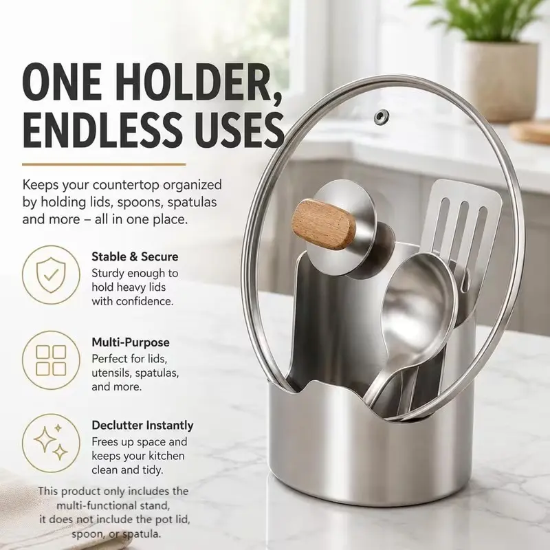1Pcs Multi‑Functional Kitchen Utensil Storage Rack, Thickened Stainless Steel Countertop Organizer, Heavy‑Duty Space‑Saving Kitchen Storage Shelf, Holder for Pot Lids, Spoons, Scrapers & Cutting Boards, Countertop Cooking Tool Organizer