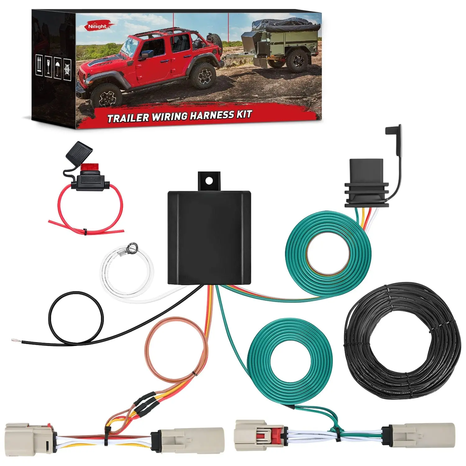 Nilight 4-Pin Trailer Wiring Harness Kit 56468 - ABS, Copper Core, 10A Fuse, Turn & Brake Signal Lights Compatible, Oxidation Resistance, Long-Lasting Use, Extensive Battery Connection Wire - Custom for 2021-2024 Ford Bronco with LED Taillights