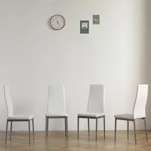 4pcs Backrest and seat cushion with horizontal stitching decoration, PU leather dining chair, round tube, white seat cushion, gray chair legsDining chairs, home chairs, tin'y chairs