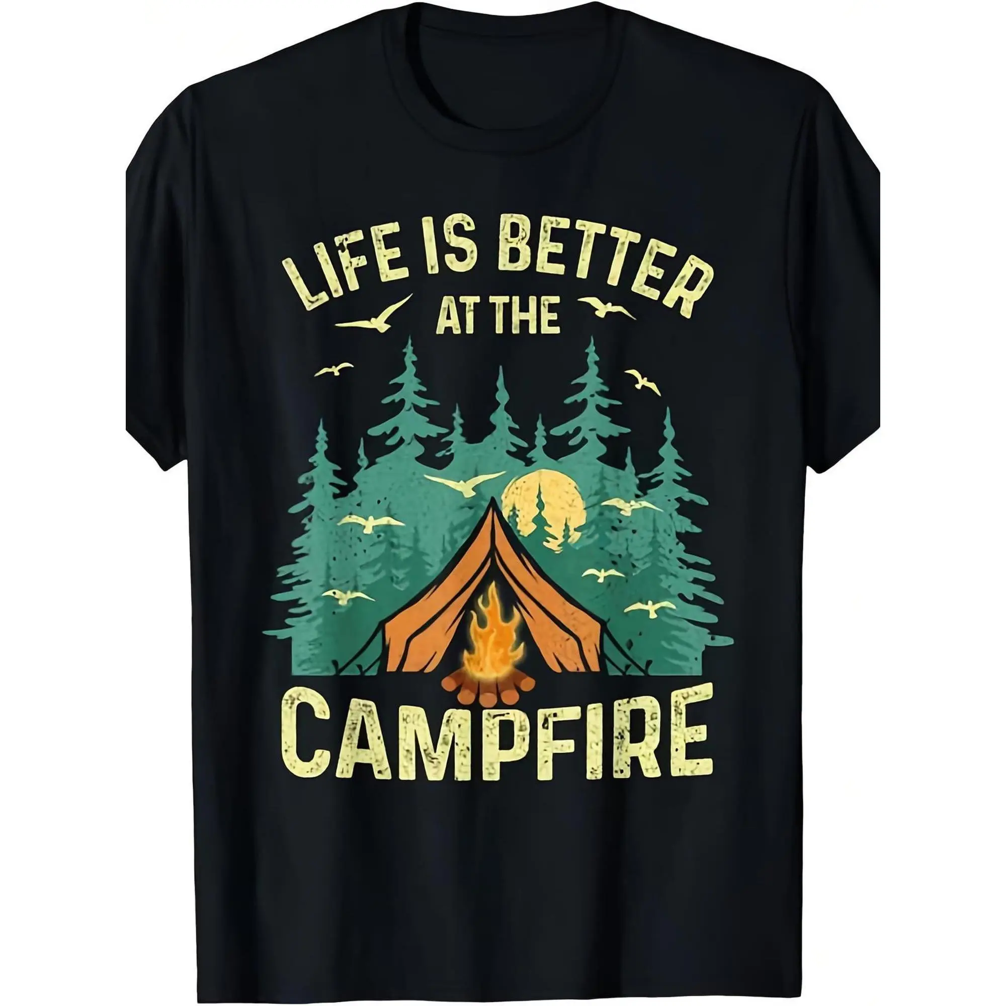 Men'S Bohemian Retro Campfire And Pine Tree T-Shirt Moisture Wicking Breathable Short Sleeve Tee Suitable for Outdoor, Camping, All Season Comfort Fit with Campfire Night Scene Design, Machine Washable for Men'S Fashion, PLUS SIZE