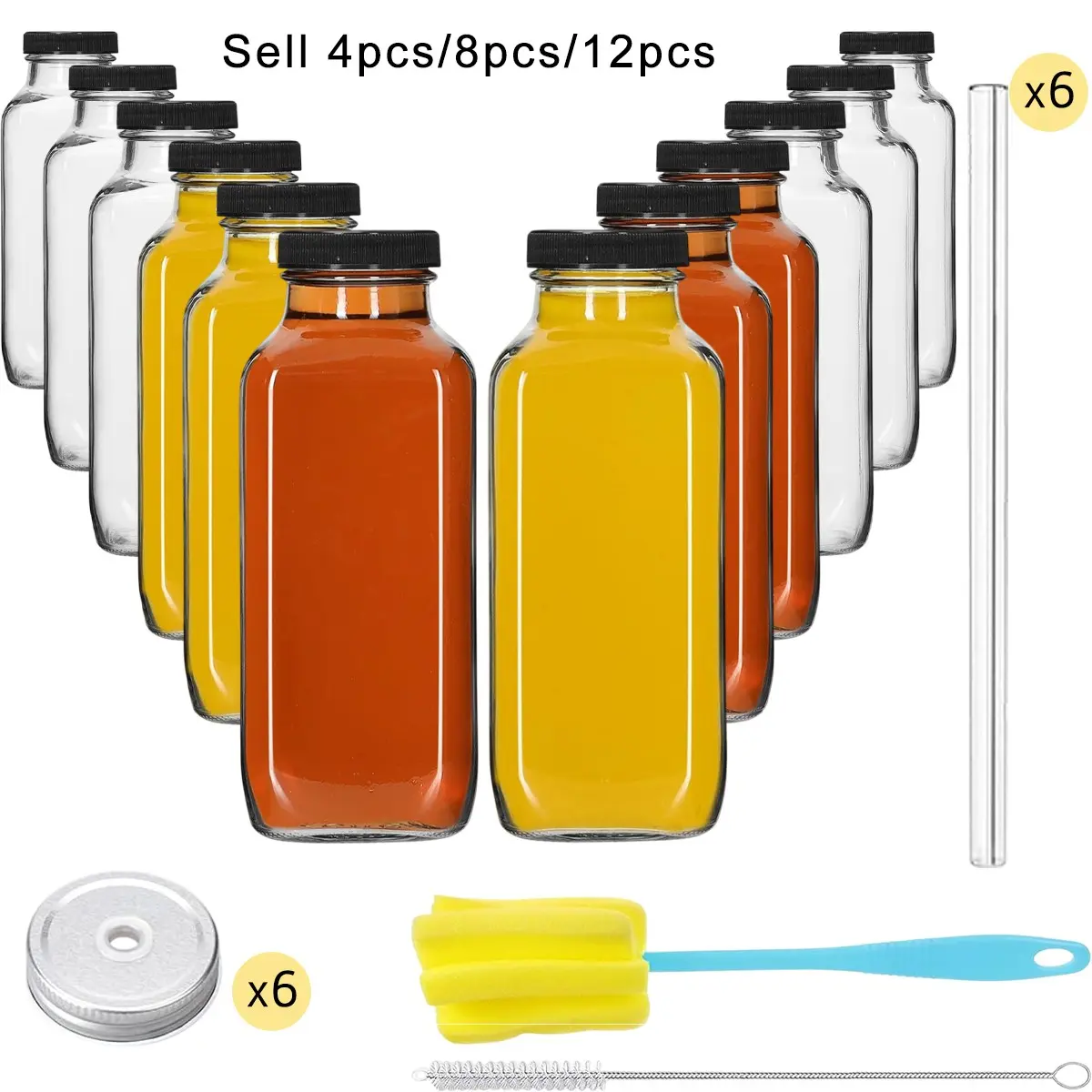 Glass Juice Bottles with Lids, Glass Drinking Bottles with Lids, Reusable Water Bottles, Glass Straw Straw Brush and Cup Brush, 4/8/12 pcs 480ml, Reusable Wide Mouth, Clear, for Milk, Hot Cold Drinks, Homemade Beverages, Juice Bottles with Caps