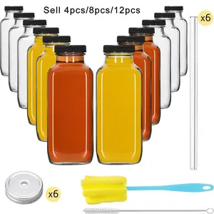 Glass Juice Bottles with Lids, Glass Straw Straw Brush and Cup Brush, 4/8/12 pcs Glass Juice Bottles 480ml, Reusable Wide Mouth Glass Bottles with Lids, Clear Glass Juice Bottles for Milk, Hot Cold Drinks, Homemade Beverages