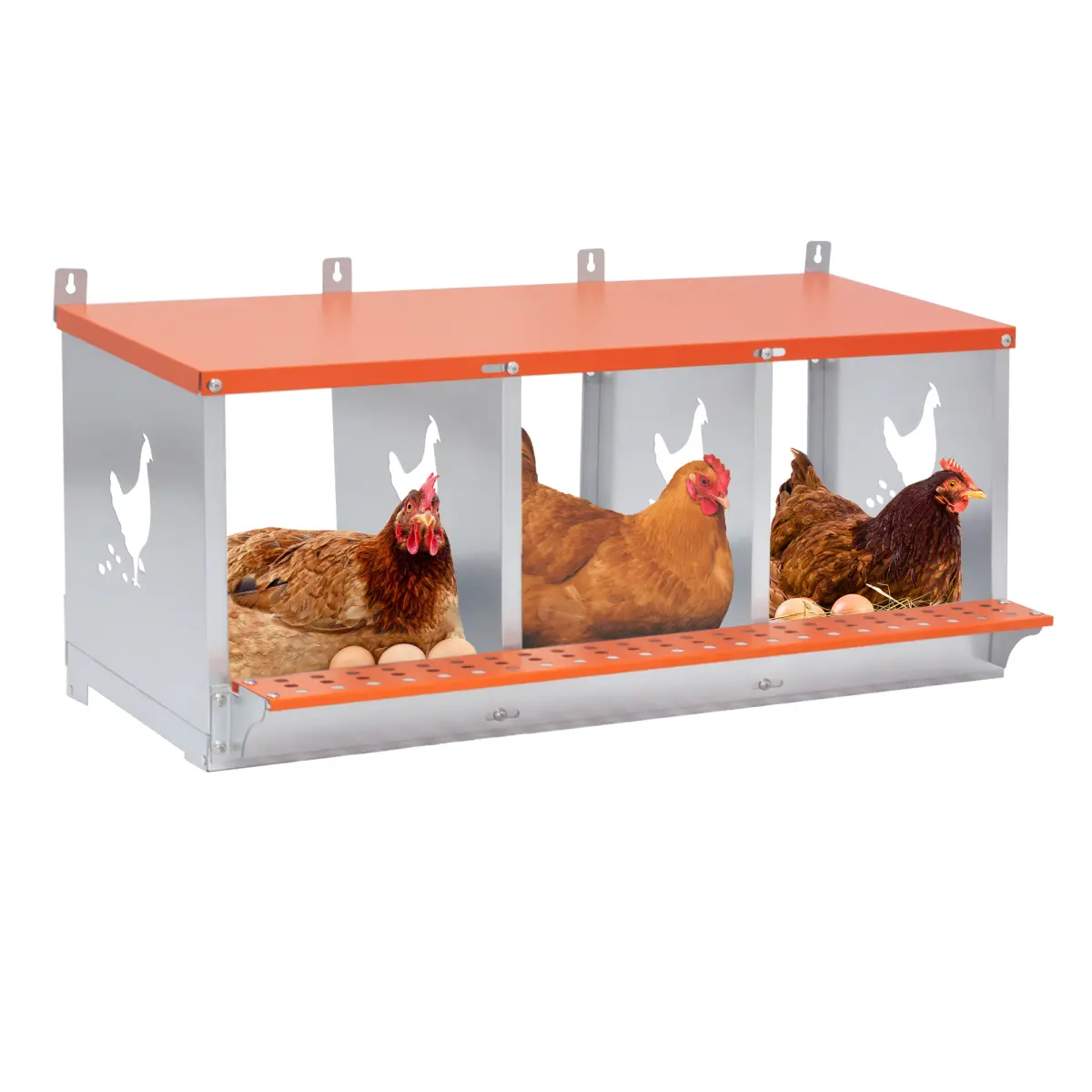 3-Bay Heavy-Duty Galvanized Steel Chicken Nesting Box with Coconut Fiber - Wall Mount Chicken Coop Equipment for Hens, Vented Panels, Easy Egg Collection, Simple Assembly, Medium-Large, 17"d x 31.8"w x 115"h, Orange, Egg Protection, Farm Coop, Hen-Shaped