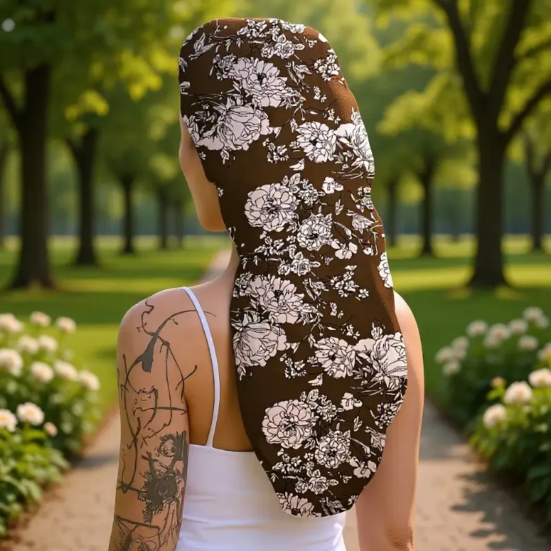 Vintage Brown White Floral Print Satin Hair Bonnet, Extra Long Silky Satin Sleep Hair Wrap, Elastic Wide Band Night Hair Cap for Curly Natural Hair, Women Protective Hairstyle Bonnet for Sleeping & Daily Use
