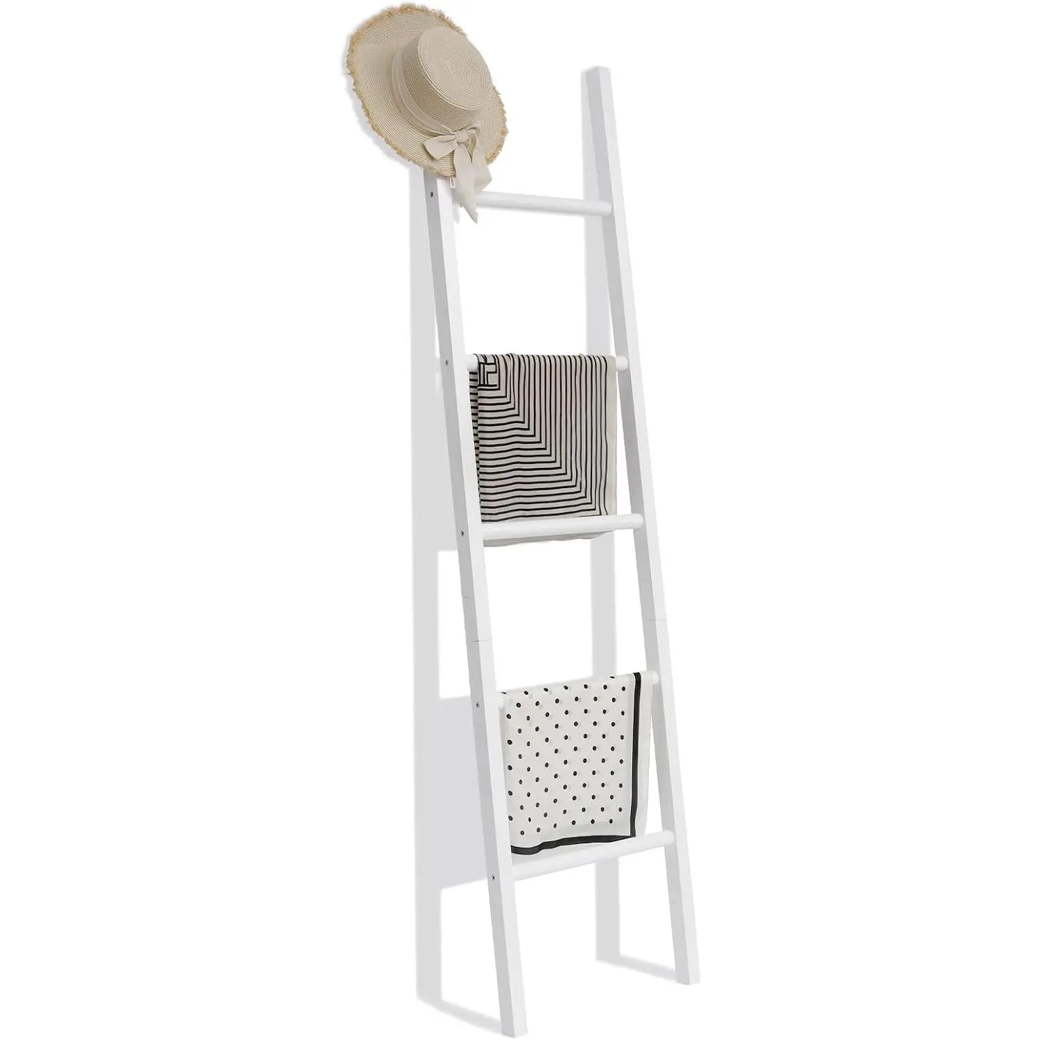 Blanket Ladder, 6ft Rustic Solid  Rectangle Decor Rack, White | 5 rungs,  quilt display holder, organize towel and clothing, leaning wall, decorative living room and bathroom