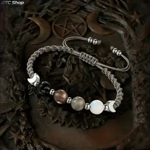 Witchy Natural Crystal Beaded Bracelet - Mixed Obsidian, Smoky Quartz, Labradorite Moonstone Dark Gradient Soft Cord Jewelry for Spiritual Healing, Emotional Balance, Daily Wear & Witchy Style