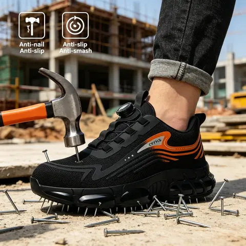 Men's Steel Toe Construction Work Shoes - Heavy Duty Mesh Upper Breathable Anti-Skid All Seasons Geometric Puncture-Proof Footwear with Rotating Buckle, Lace Braid, Elastane Stripes, Flexible Foldable Polyester for Industrial Workers