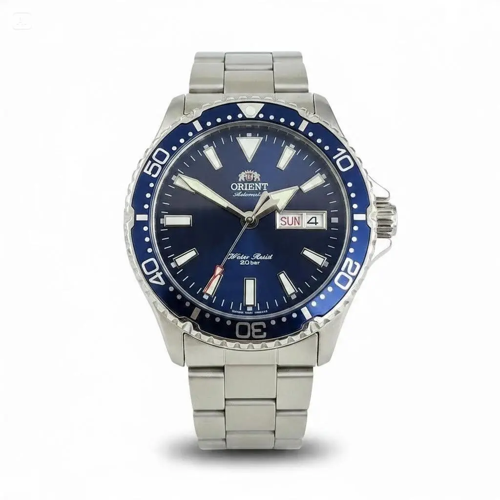 Men’s Automatic Dive Watch, ORIENT Mako III Kamasu 200M Water Resistant Stainless Steel Diving Wristwatch, Day‑Date Display Luminous Dial Sports Mechanical Watch for Men, Blue/Green/Black/Wine Red Dial Options, Business Casual Outdoor Diving Daily Wear