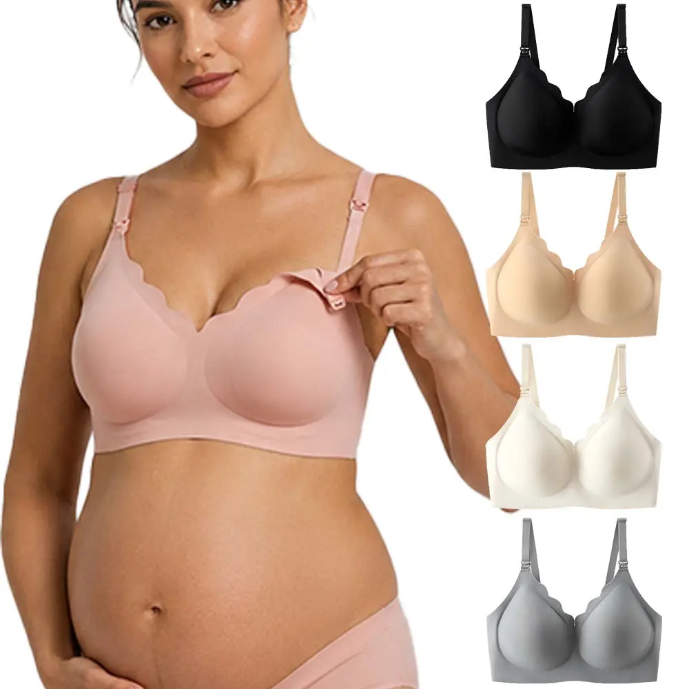 MUSBUY Maternity Nursing Bra, Seamless Wireless Scallop V-Neck Sleep Bra with Soft Support, U-Back, Wide Adjustable Straps & Clip-Down Buckle for Breastfeeding, S-3XL, Comfy Wireless Maternity Underwear, Breastfeeding-Friendly Maternity Underwear