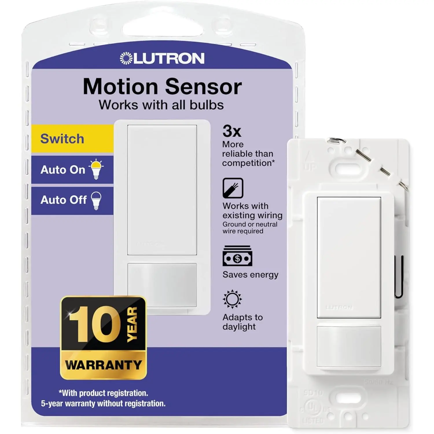 Lutron Maestro Motion Sensor Light Switch Indoor for Bathroom, Garage, Laundry Room, Any Bulbs, Occupancy and Vacancy Sensor, Single-Pole, MS-OPS2-WH, White