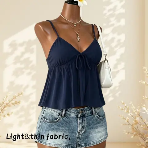 Summer Polka Dot Strappy V-Neck Top, Front Tie Ruffle Hem Slim-Fitting Backless Camisole for Women Casual