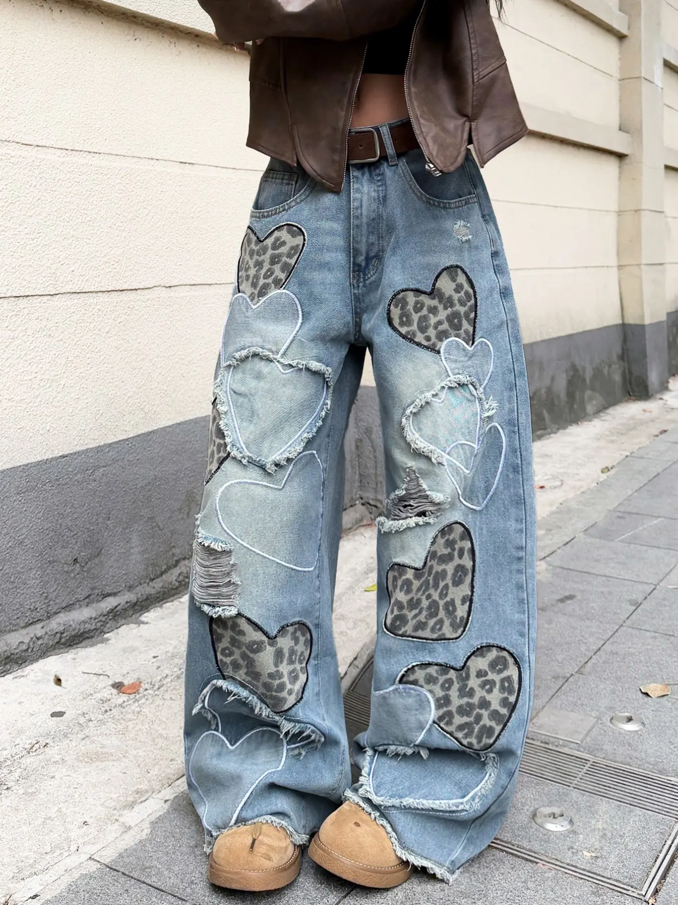 Women's Blue Heart Patchwork Denim Jeans, Casual Wide Leg Pants, Street Style, Faux Fur Edge, Ripped Design, All Seasons Wear