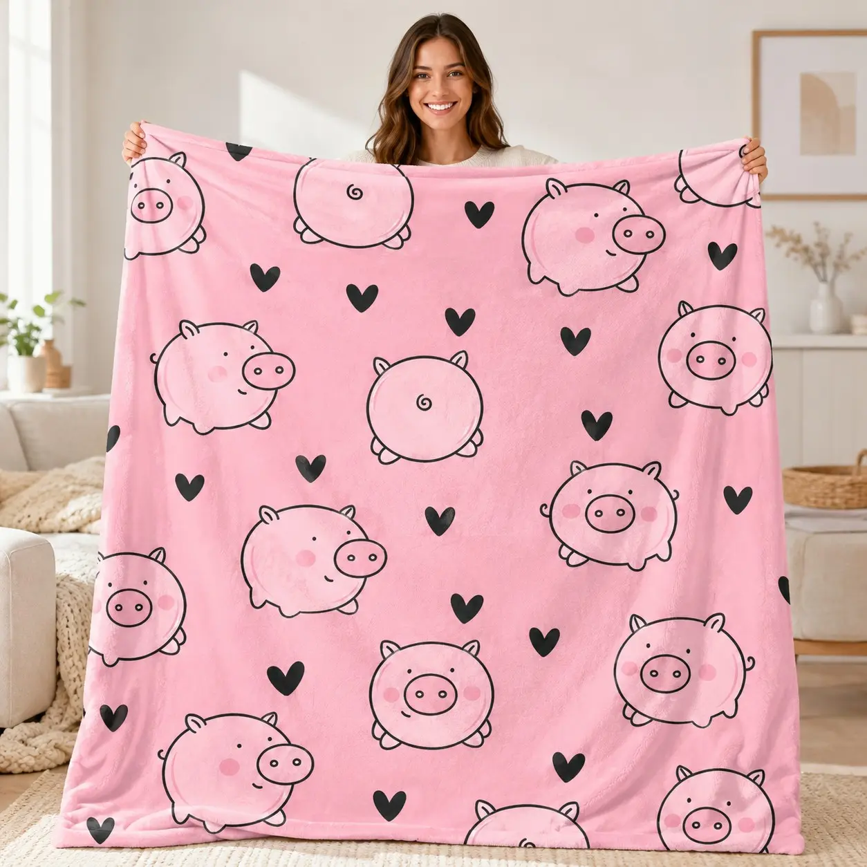 Cartoon Pig Ip Print Flannel Blanket, Cute Pet Pattern, Soft Short Fiber, All-Season, Ideal Birthday Gift