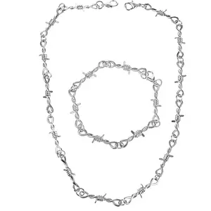 Barbed Wire Necklace and Bracelet Set Punk Thorns Barbed Wire Choker Silver Metal Grunge Jewelry Barb Wire Necklace Hiphop Rock Goth Chain for Men Women Y2k Daily Versatile Fashion