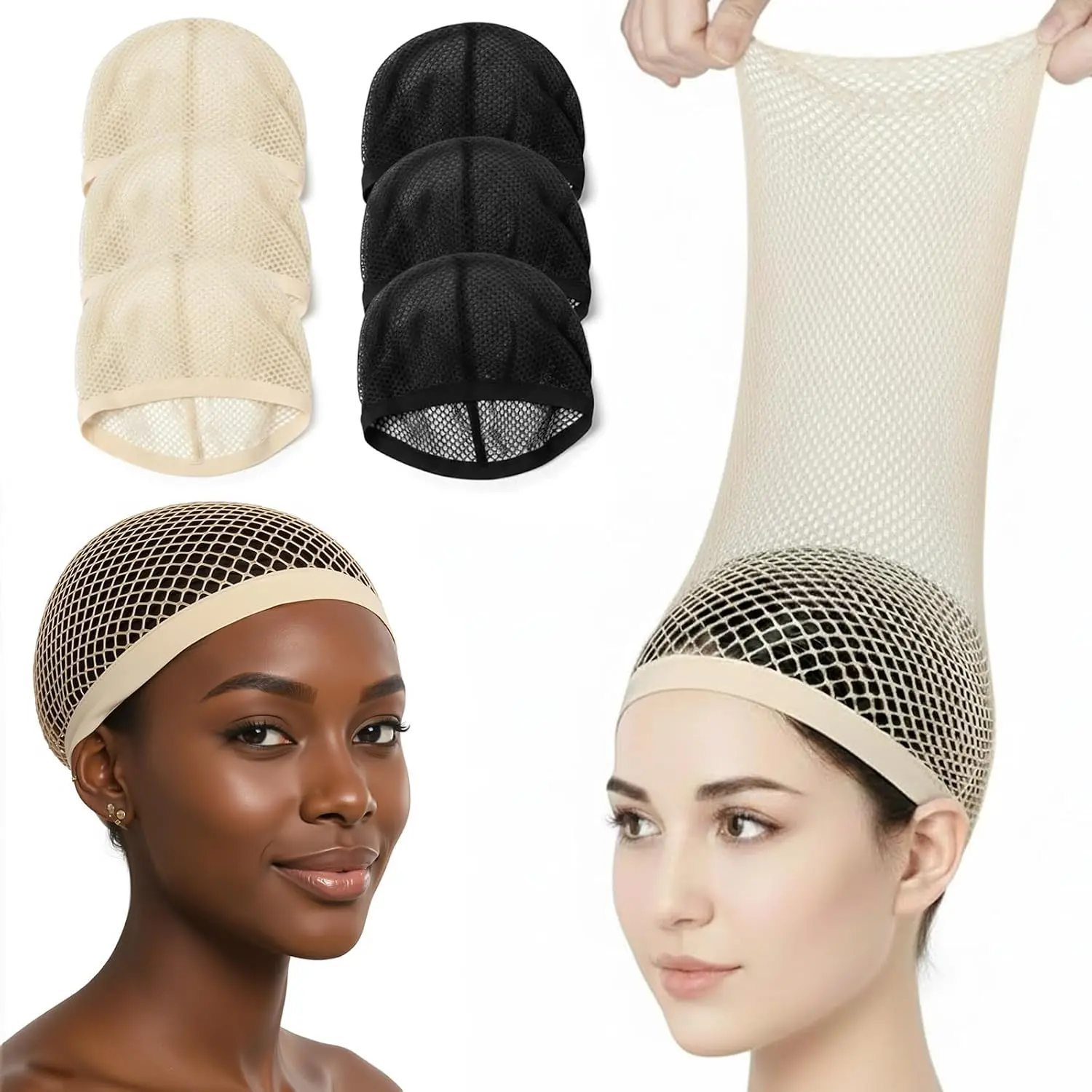 6 count Wig Cap, Black Mesh Net, Non Slip | No Braiding Needed, For Wig Beginner, For Long Hair, For Halloween