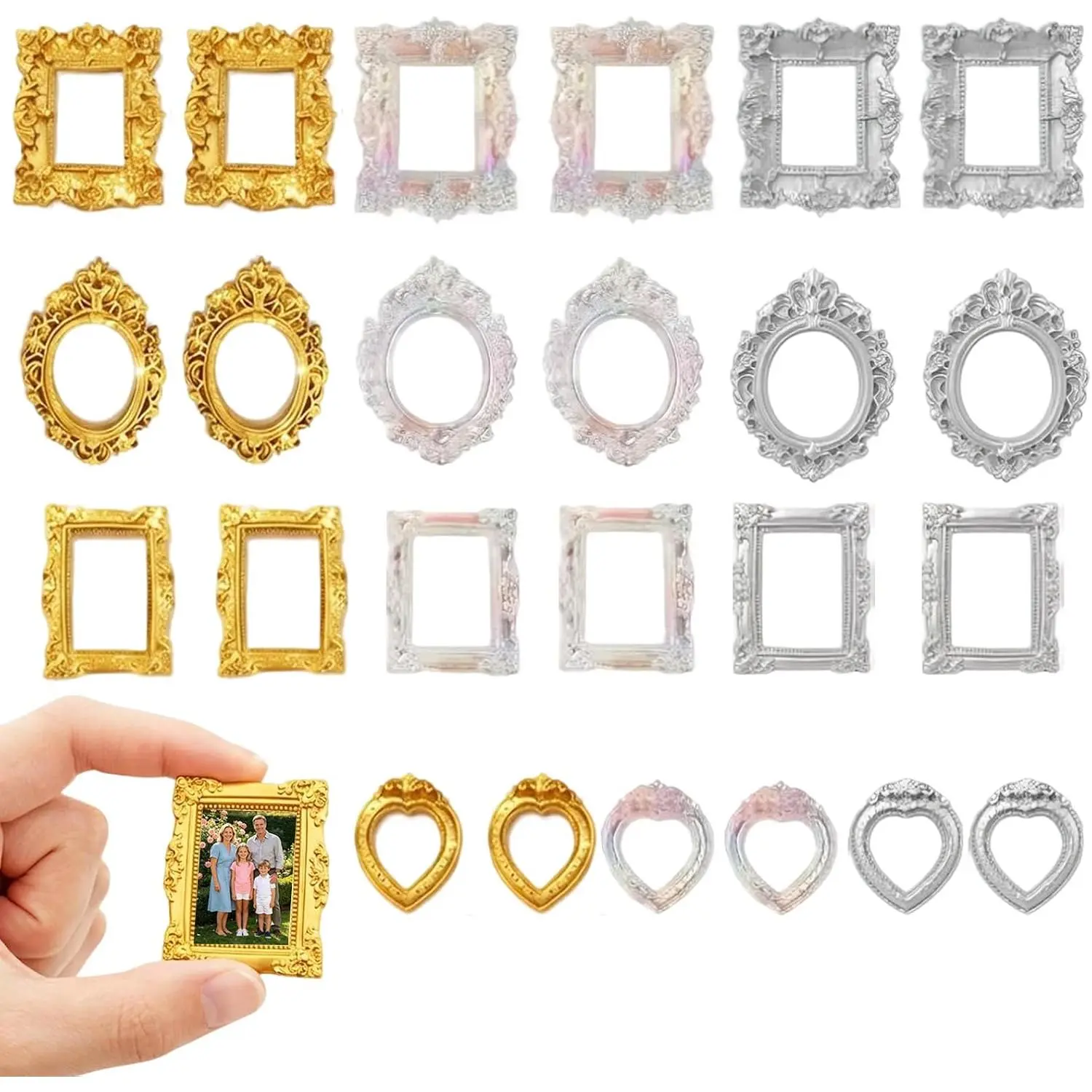 24 count  Mini  Picture Frames Bulk, 3 Colors 4 Styles Antique Baroque Ornate  Frames,  Holographic Mini Photo Frames for  Photography Props, DIY Crafts, Party Hotel Holiday Decor