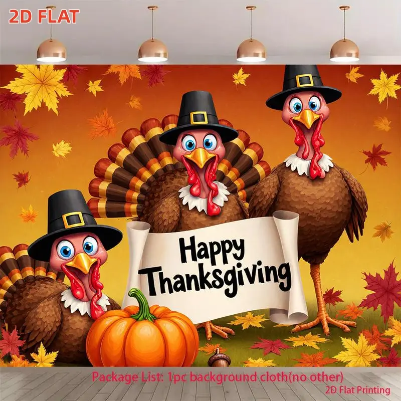 2D Flat, 1pc banner Products, Happy Thanksgiving Card with Festive Turkeys, Printing-Banner Background Cloth, Suitable for Your Living Room and Outdoor Decoration, Various Festive Occasions