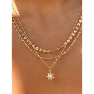 3pcs Delicate Sun Pendant  Set With Disc & Beaded Chain, Multi-Layer Wearable  For Women, Daily Fashion Jewelry john pork,accessories for women