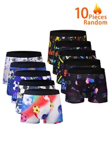 10 Pcs Random Pack Trendy Men's Boxer Briefs, Casual Underwear Brief, Football Colorful Graffiti Multi-Print High Elastic Trunk, Youth Sport Loose Fit Underwear