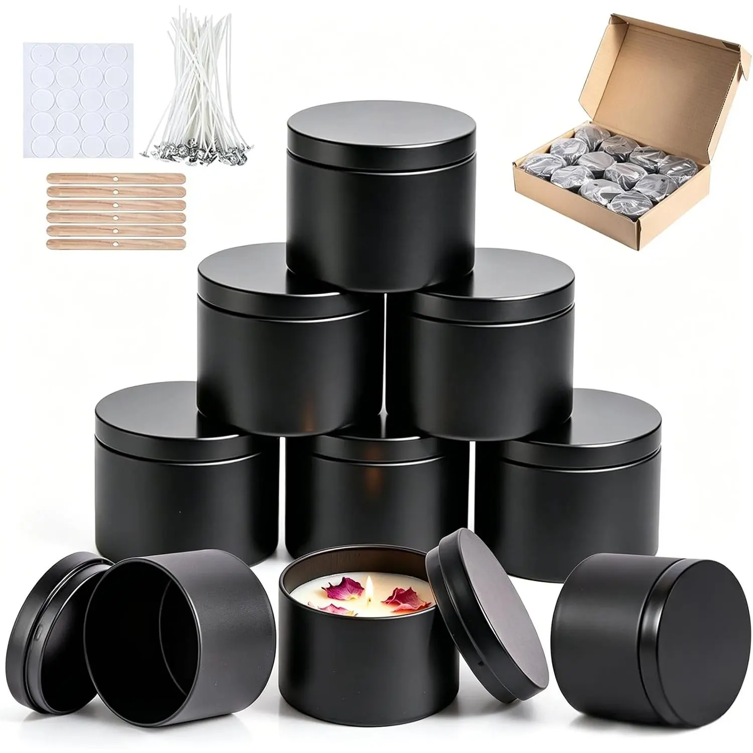 Candle Tins 4 Oz, Candle Tins with , Empty Candle Jars for Making Candle, Metal Candle Containers, Small Tins with , Candle Jars for DIY Candle Making,Small Business (Black, 4oz-6pcs)