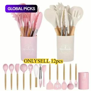 Silicone Kitchen Utensils Set, 12pcs/set Non-stick Cooking Utensils Set with Wooden Handle, Kitchen Cooking Utensils Set for Home Use