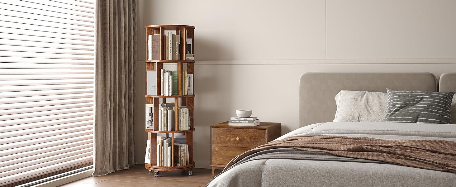 6 Tier Solid Wood Rotating Bookcase with Wheels Round Revolving Bookshelf Organizer 360° Spinning Storage Shelf for Corner Small Narrow Spaces Home Office Kids Room Drawers Organization Computer Desk