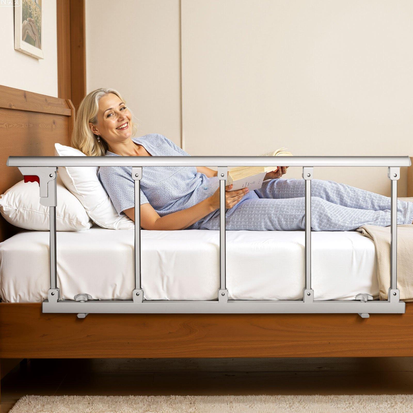 VEVOR Foldable Bed Rail for Elderly, 48 in Bedside Assist Rail with Fixing Strap, Adjustable Height Pipe Bedside Cane, High-Strength Metal Senior Bed Bar, Hand Guard Grab Fits King, Queen, Full, Twin