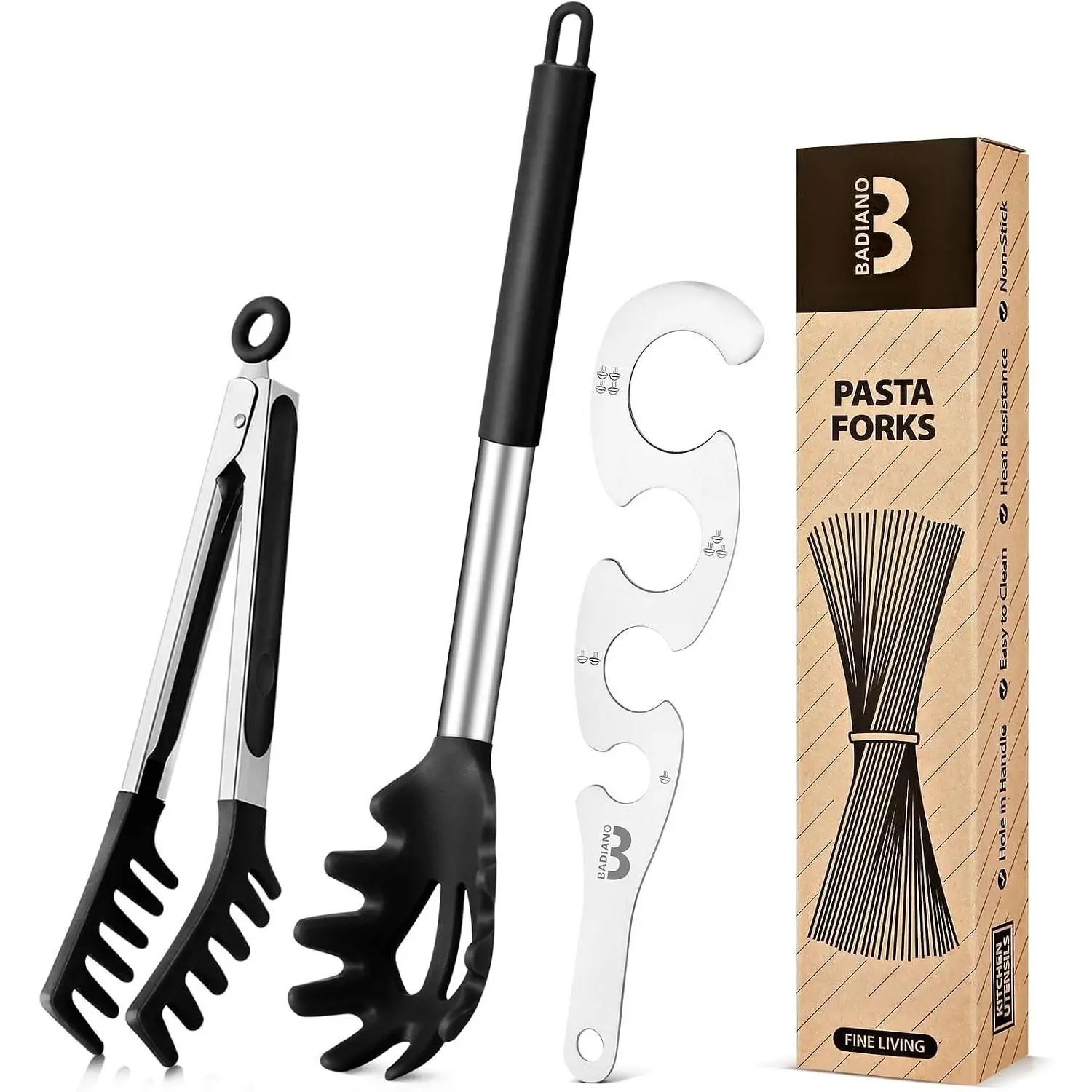 Silicone Spaghetti Spoon & Pasta Tong With Pasta Measurer 3 Pack Non-Stick Stainless Steel Handle Pasta Fork Set Food Clip for Easy Serving of Noodles BLACK