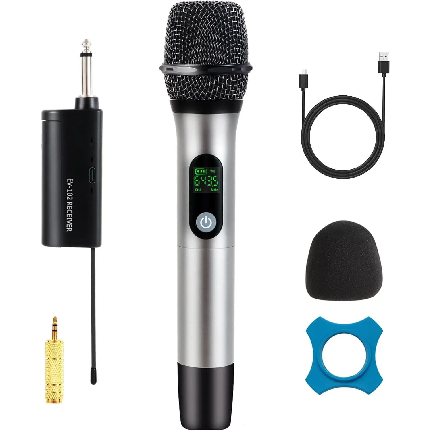 Rechargeable  Microphone System -  UHF Metal Handheld Mics for Karaoke, Weddings, Parties, Speeches - Long Range (200ft), Cordless Dynamic Mic Kit, Plug and Play (Single Microphone Set)