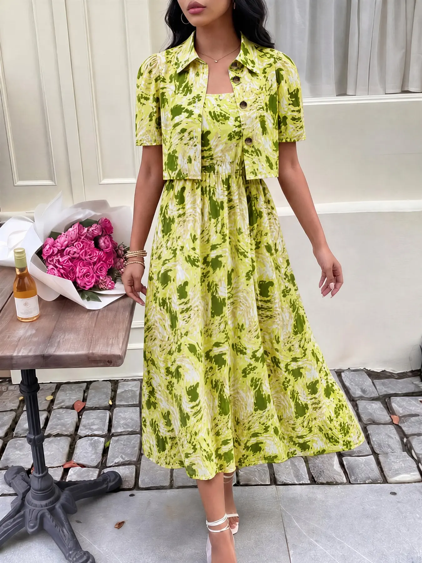 Summer bohemian short-sleeve lapel cropped cardigan + swing cami midi dress two piece set, Boho Elegance Style, comfortable summer dresses, fashionable women's clothing suitable for everyday daily casual and vacation wear