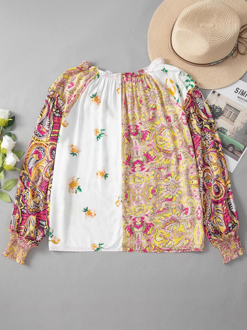 Women's Floral Print Frill Trim Shirred Notched Blouse, Boho Romantic Sleeve, Boho Bishop Sleeve Button Front Top for Spring & Fall, Women's Clothing for Daily Wear