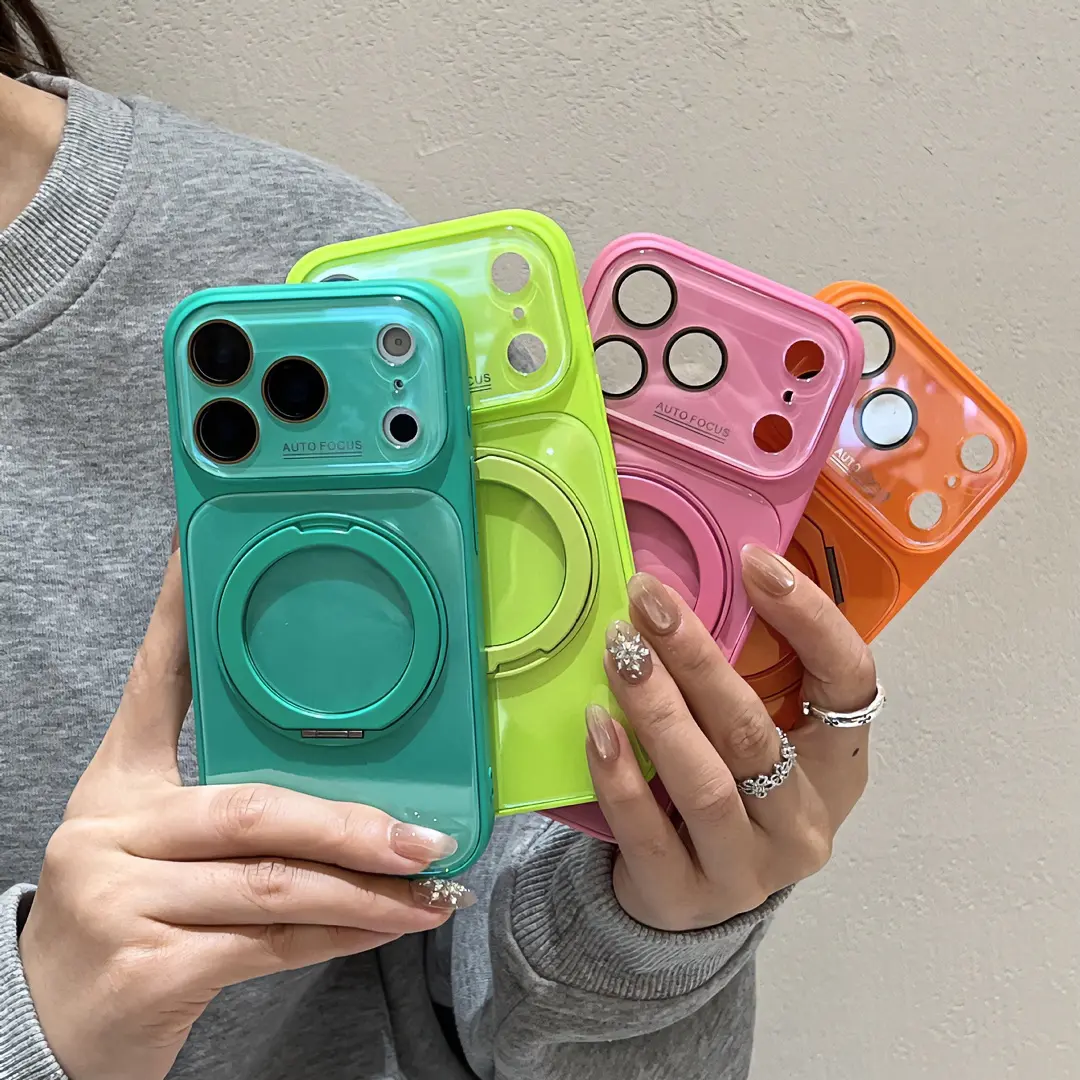Shockproof Smartphone Case for iPhone 17 Pro Max, 16, 15, 14, 13, 12 - Protective Cover with Large Camera Window, 360-Degree Rotating Stand, Ice-Feel Glass Back, Vibrant Candy Color Electronics Accessory