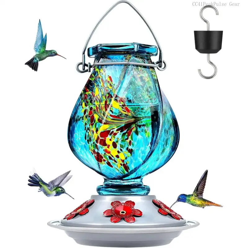 Hummingbird Feeder, Hand Blown Glass Hummingbird Feeders for Outdoors Hanging with Ant Moat, 5 Ports, 360°   Perch, 22oz, Blue, Gifts for Women Men, Gifts for Mom DadCC41PeakPulse Gear