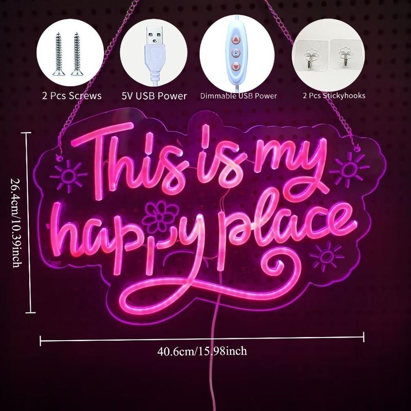 This is my happy place pink neon sign usb powered dimmable LED light sign, dimmable switch, birthday, christmas, thanksgiving, new year, housewarming gifts, family gathering, bar, game room, man cave, bedroom wall decoration
