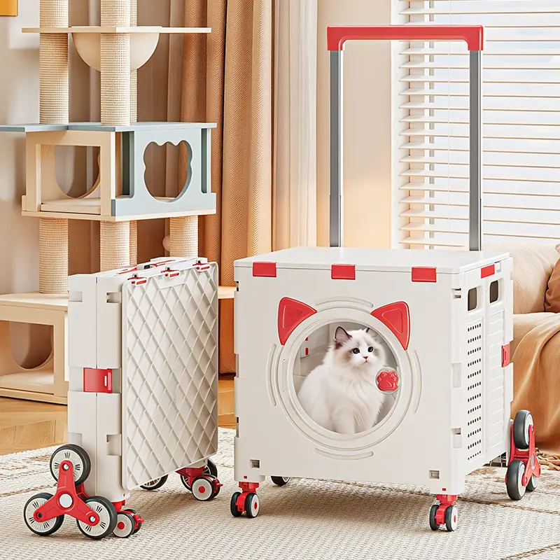 Foldable 8-Wheel Space Capsule Pet Carrier with Lid - Metal PP, Breathable Window, Space Saver Rolling Trolley for Small Cats - Stable, Portable Utility Cart for Outdoor Travel, Easy Fold Compact Design (1 Unit)