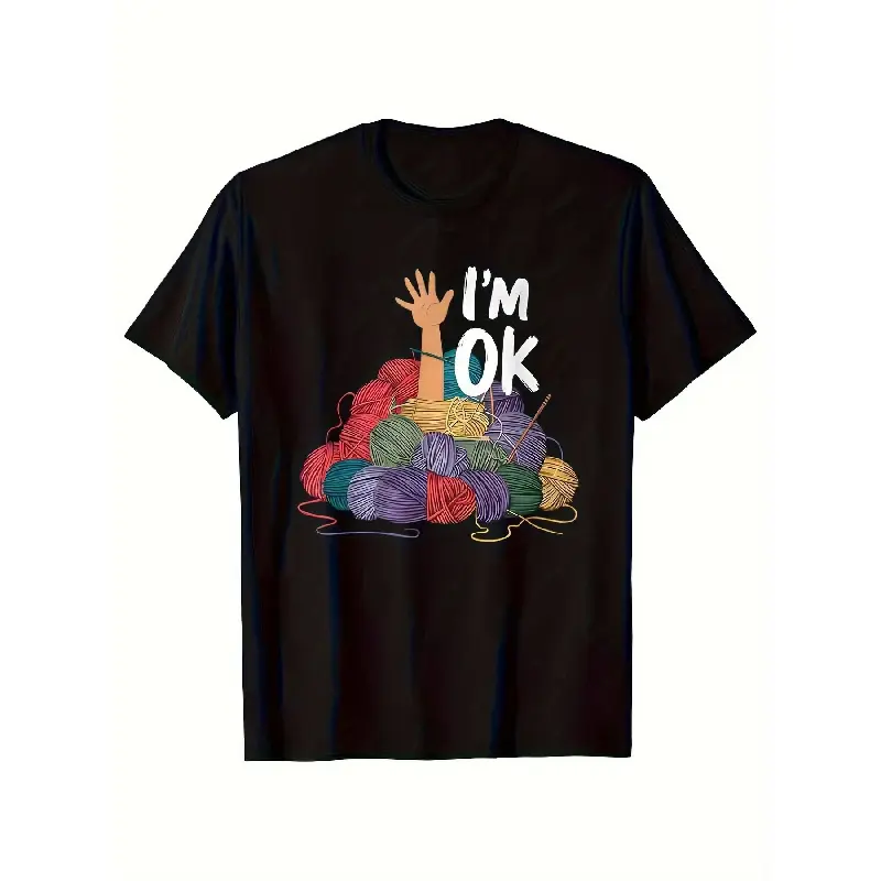 I'm fine" Funny Vintage Yarn Crochet Pattern T-Shirt, soft and breathable, suitable for all-day wear, machine washable, an ideal gift for men, women, family, and friends on Thanksgiving, Christmas, and New Year - Black, Yarn Crochet