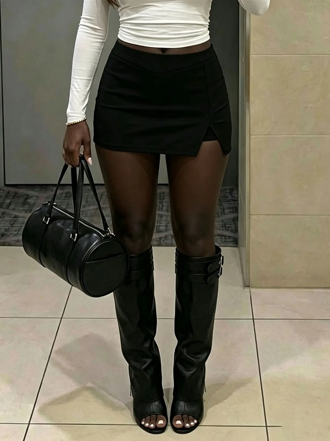 Women's Black Side Slit Tight Mini Skirt, High Stretch Soft Fabric High Waist Skirt, Gothic Hip Hop Style, Suitable For Daily Outfits, Bar Visits & Dating Occasions