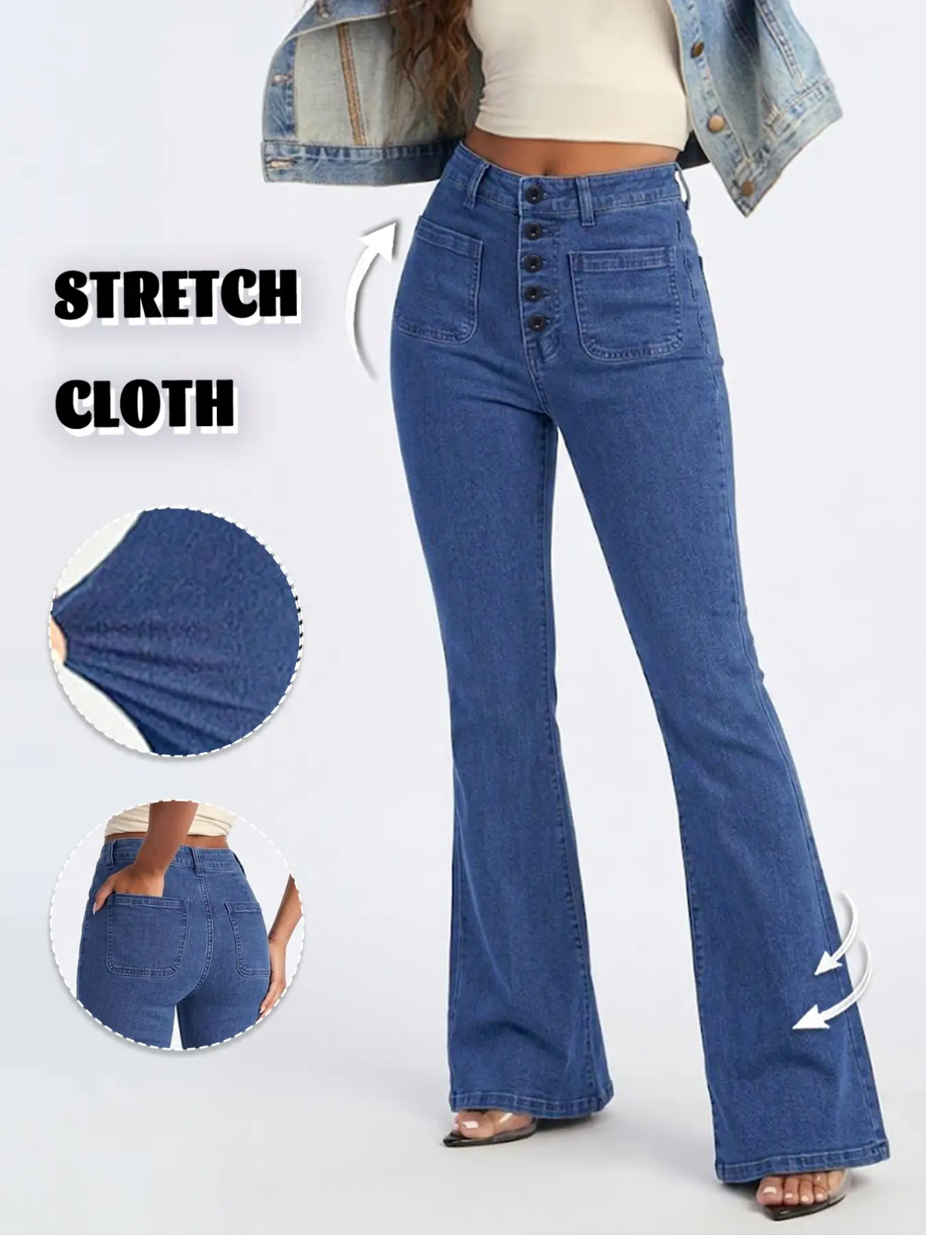 GILIPUR High Waist Button Fly Flare Jeans Women Stretch Pocket Vintage Bootcut Denim Pants TChic