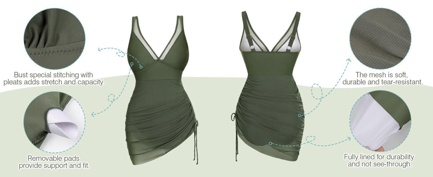 Women's Tummy Control One Piece Swim Dress Slimming Mesh Sheer Sarong Wraps Bathing Suit Modest V Neck Cut Out Swimsuit for Women 2026 - Womenswear Overalls Sleeveless Maternity Square rompers jumpsuit eyelet Rhinestone Off-Shoulder backless