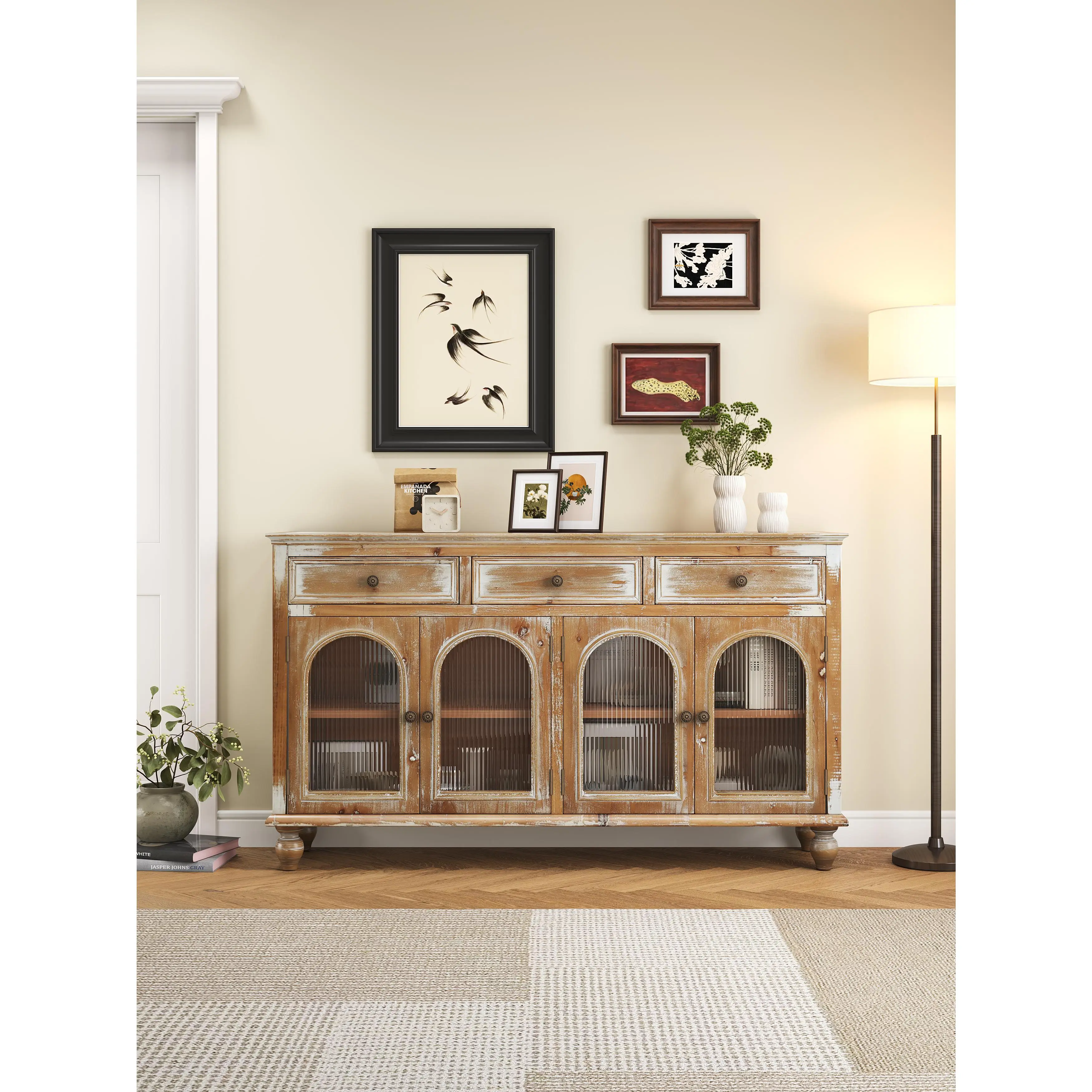 ARCH 59.06" Farmhouse Sideboard Buffet Cabinet with 3 Drawers & 4 Glass Doors, Distressed Wood Credenza, Rustic Storage Cabinet with Adjustable Shelves, Antique Brown White for Dining Room Kitchen Living Room, Antique Brown+White Color Options
