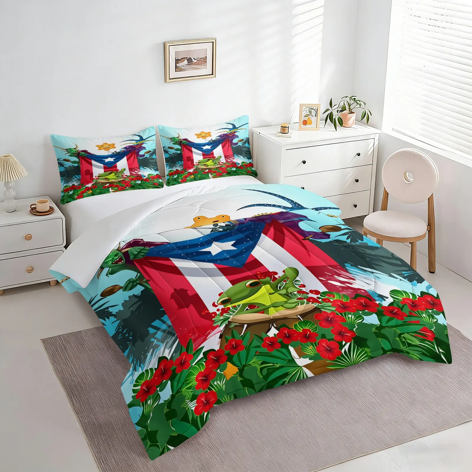 2/3Pcs Puerto Rico Vejigante Mask Comforter Set Soft Microfiber Coqui Frog Hibiscus Palm Taino Sun Print Bedding Puerto Rican Cultural Warm Bed Set For Tropical Patriotic Bedroom All Season Decor