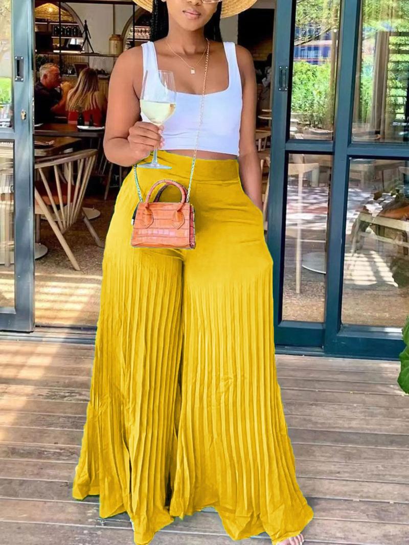 Women's Pocket Pleated Wide Leg Pants, Casual High Waist Trousers for Spring & Fall, Women's Bottoms for Daily Vacation Party