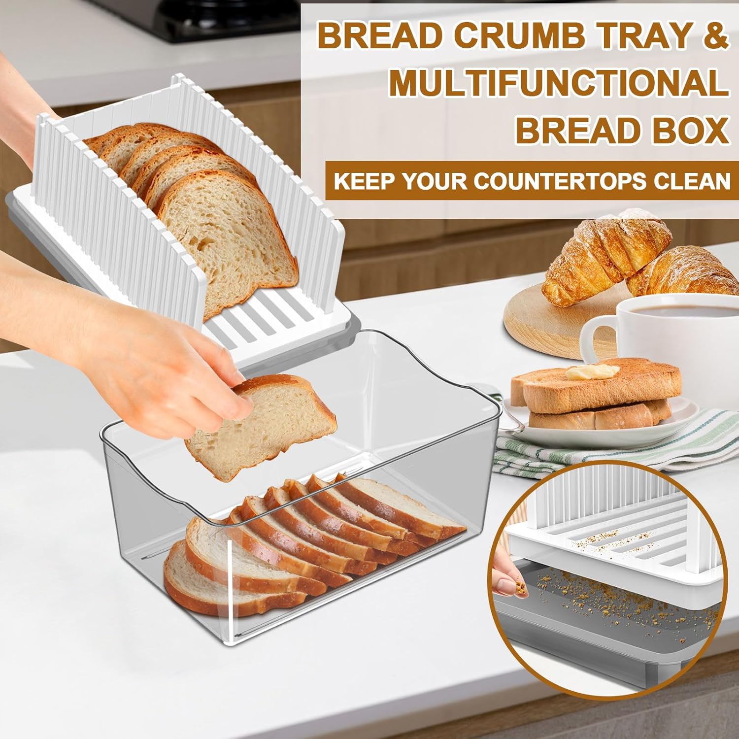 Upgrade Bread Slicer for Homemade Bread with Bread Box, Bread Slicing Guide Adjustable Width, Foldable and Compact  Guide with Crumb Tray, Suitability for Homemade Bread, Bagels,Cakes
