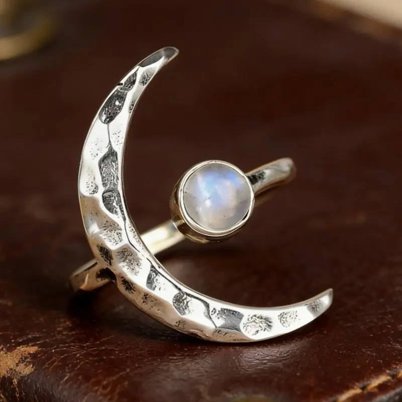 Women's Retro Inlay Synthetic Moon Stone Open Adjustable Ring - Bohemian Fashion Costume Jewelry for Casual Daily & Festival Occasions