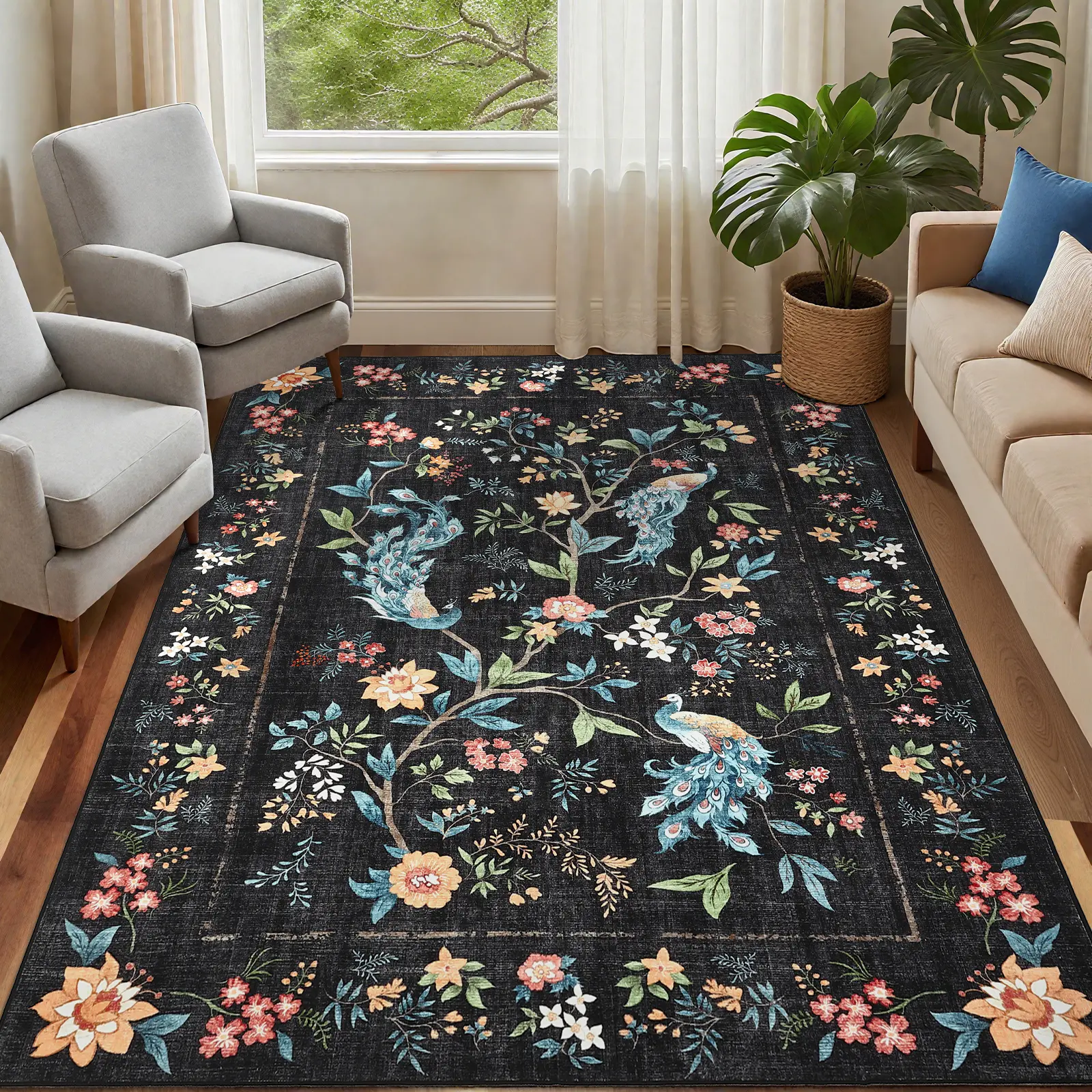 Peacock Floral Area Rug - Washable, Non-Slip, Large Carpet for Living Room, Bedroom, Nursery, Mark Resistant, Collapsible, Modern Accent