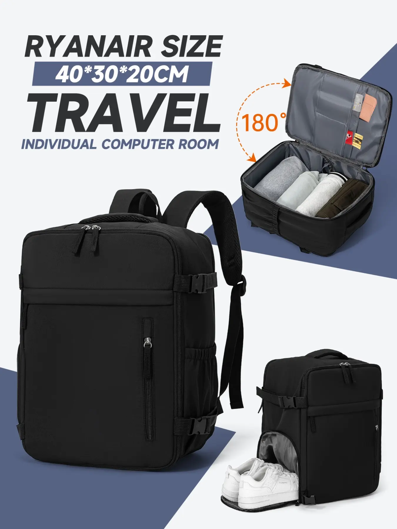 Wizz Air Cabin Casual Backpack for Men & Women, Large Carry-On Suitcase with Laptop Compartment, Lightweight Travel Bag for Airplane Trips